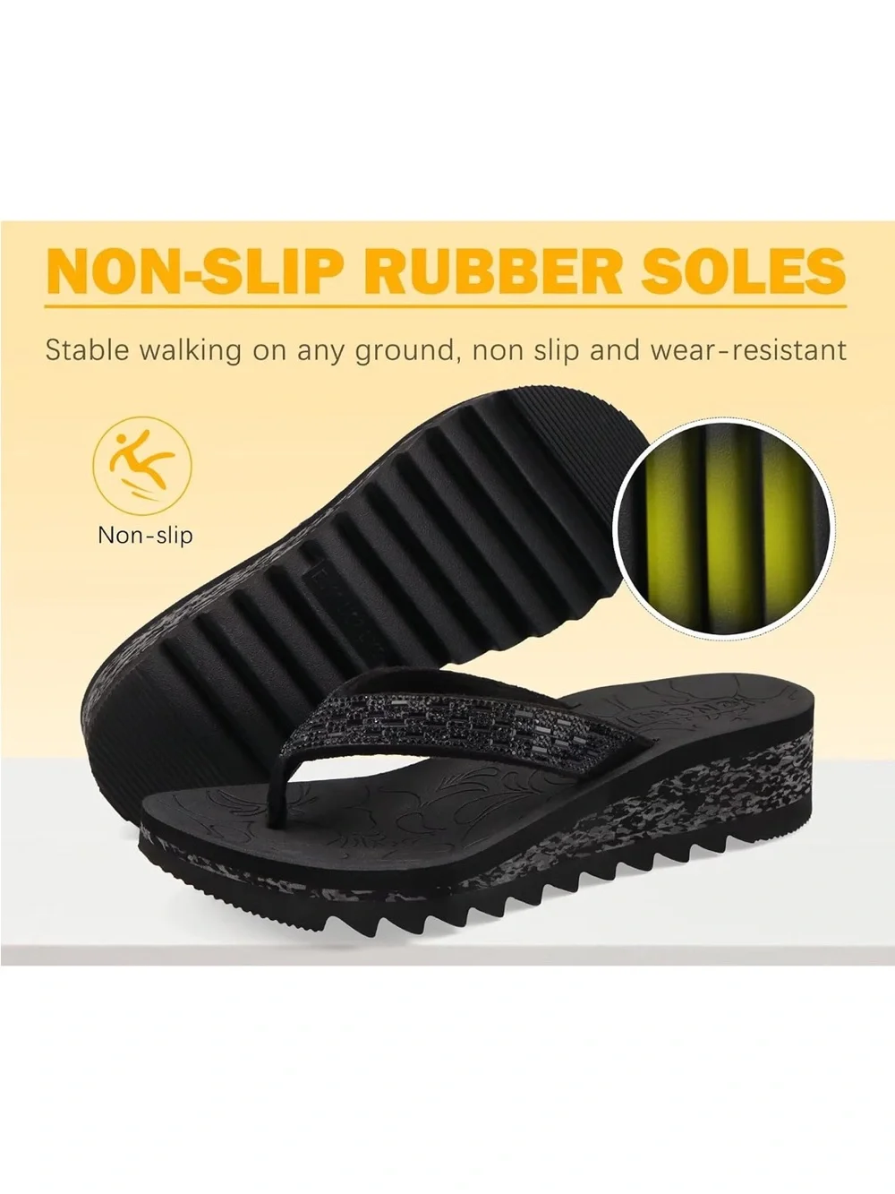 Oncai Black Wedge Rhinestone Flip Flop Sandals